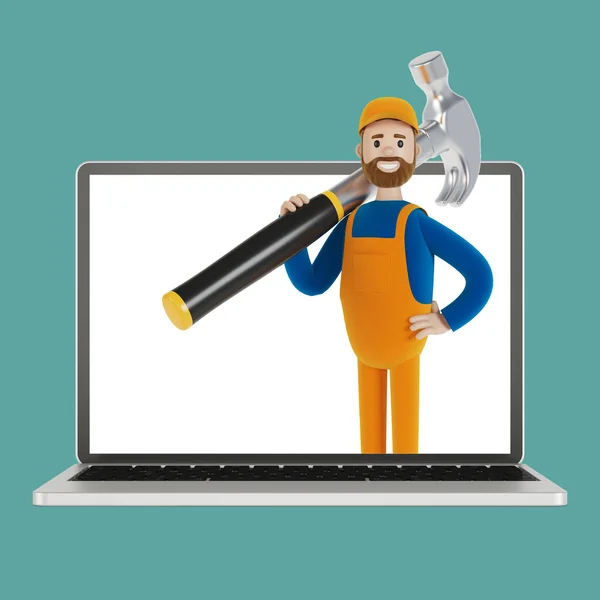 Handyman Big Hammer Laptop Screen Husband Hour Electrician Plumber Carpenter — Stock Photo, Image