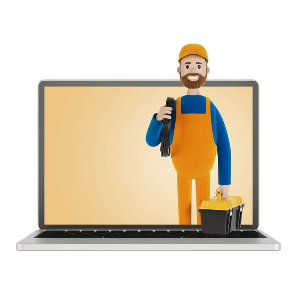 Elektricien Bouwer Laptop Scherm Echtgenoot Voor Een Uur Een Elektricien — Stockfoto