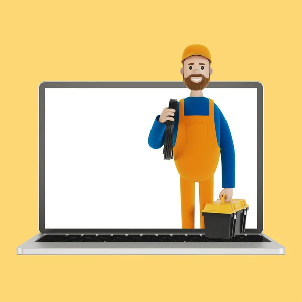 Elektricien Bouwer Laptop Scherm Echtgenoot Voor Een Uur Een Elektricien — Stockfoto