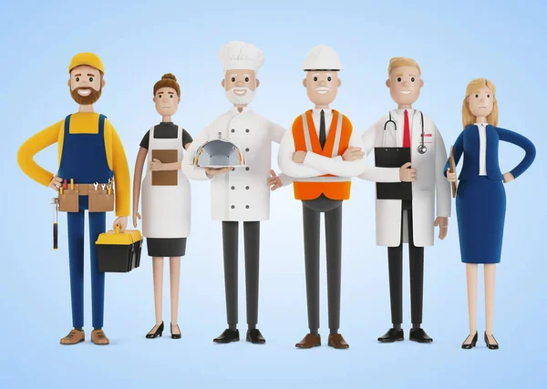 People of different professions. Builder, female waiter, cook, engineer, doctor and teacher. Labor Day. 3D illustration in cartoon style.