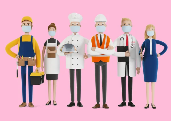 医療用マスクの異なる職業の人々 建築家 女性ウエイター 料理人 エンジニア 労働者の日 漫画風の3Dイラスト — ストック写真