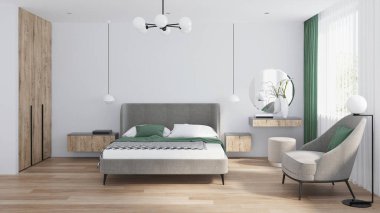 Modern yatak odasının içi. 3B görüntüleme.