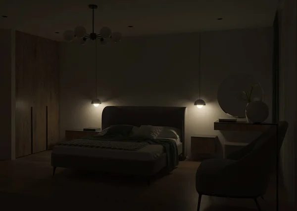 Modern Yatak Odasının Içi Geceler Akşam Aydınlatması Görüntüleme — Stok fotoğraf