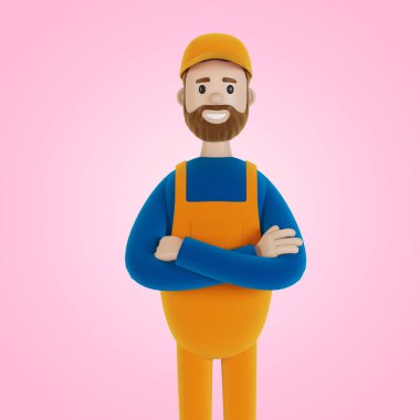 Bir saatliğine efendim. İnşaatçı. Çizgi film tarzında 3B illüstrasyon.