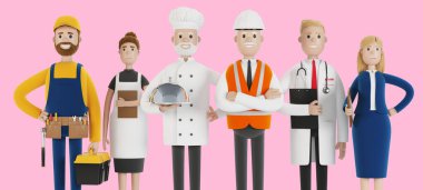Farklı mesleklerden insanlar. İnşaatçı, bayan garson, aşçı, mühendis, doktor ve öğretmen. İşçi Bayramı. Çizgi film tarzında 3B illüstrasyon.