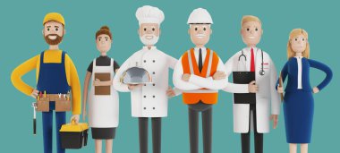 Farklı mesleklerden insanlar. İnşaatçı, bayan garson, aşçı, mühendis, doktor ve öğretmen. İşçi Bayramı. Çizgi film tarzında 3B illüstrasyon.