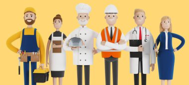 Farklı mesleklerden insanlar. İnşaatçı, bayan garson, aşçı, mühendis, doktor ve öğretmen. İşçi Bayramı. Çizgi film tarzında 3B illüstrasyon.