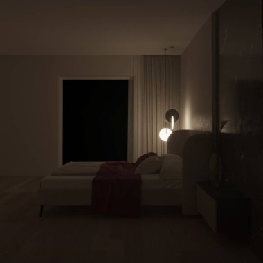 Modern yatak odasının içi. İyi geceler. Akşam aydınlatması. 3B görüntüleme.