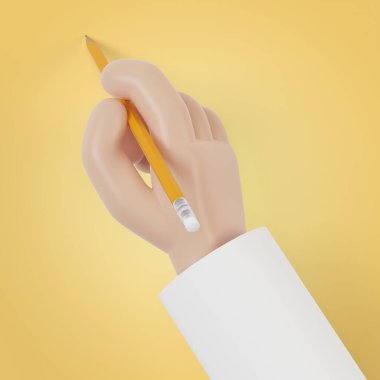 Bir adam bir belge imzalar, bir anlaşma. Kontrat imzalıyorum. Elin kalem tutsun. Çizgi film tarzında 3B illüstrasyon.