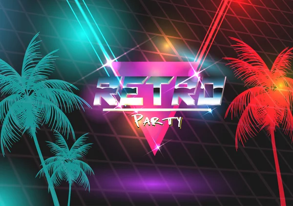 Retro Futurism Neon 80s Disco Poster with Crowd - Vector Illustration — Stock Vector