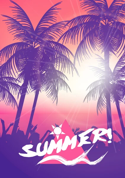 Summer Party Poster with Tropical Island and Palm Trees - Vector Illustration — Stock Vector