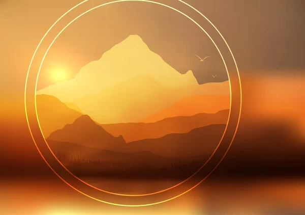 Atardecer abstracto, el sol del amanecer sobre el paisaje de las montañas - Ilustración vectorial — Vector de stock