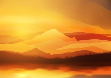 Soyut günbatımı, şafak Sun üzerinde dağlar manzara - vektör çizim