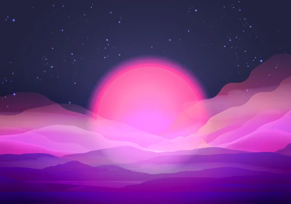 Paisaje al atardecer o amanecer sobre las montañas - Ilustración vectorial — Vector de stock