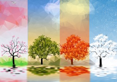 dört mevsim afiş ağaçlar ve göl yansıması - vektör çizim