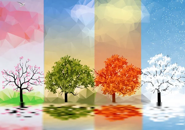Banner der vier Jahreszeiten mit Bäumen und Seespiegelung - Vektorillustration — Stockvektor