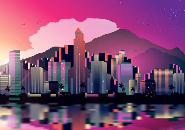 Tropiska stadens silhuett på natten med eftertanke bakgrund - vektor illustration — Stock vektor