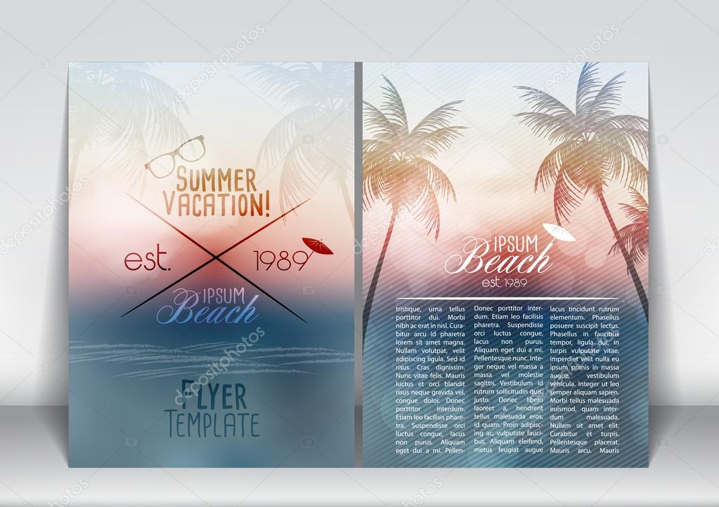 Summer Vacation Flyer Design with Palm Trees and Paradise Island - Vector Illustration