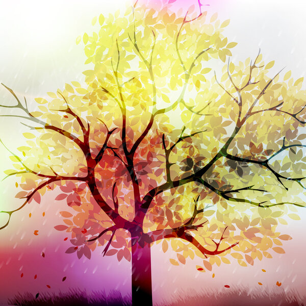 Fall Background - Warm Autumn Colors, Branch Covered with Fall Leaves  and Rain - Vector Illustration