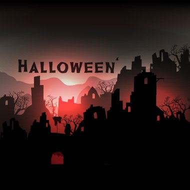 korku halloween arka plan manzara ölü ağaçlar - vektör çizim ve kale kalıntıları ile
