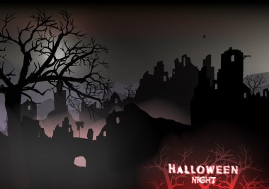 korku halloween arka plan manzara ölü ağaçlar - vektör çizim ve kale kalıntıları ile