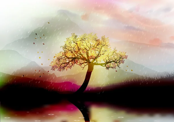 Bel arbre floral devant les montagnes avec reflet du lac sous la pluie Illustration vectorielle — Image vectorielle