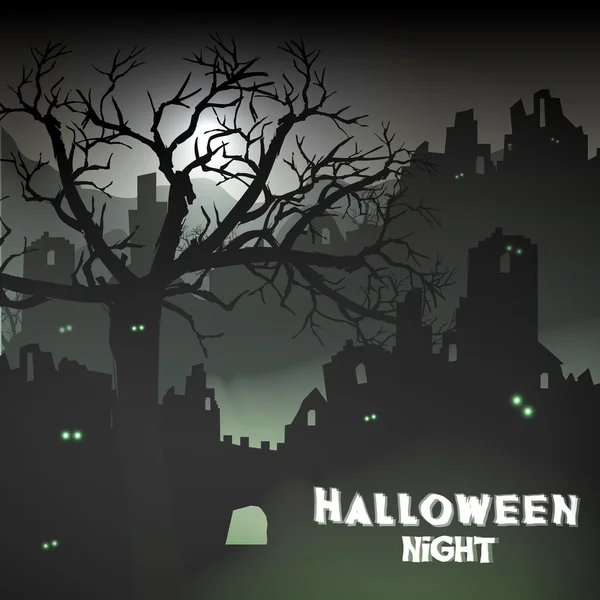 Terror Halloween Background Paisagem com Ruínas de um Castelo e Árvores Mortas - Ilustração vetorial — Vetor de Stock