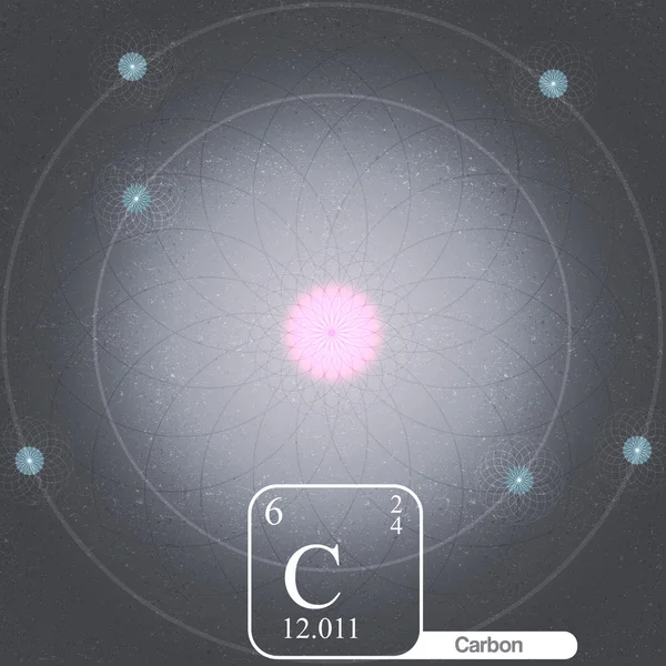 Átomo de carbono con órbitas y propiedades de electrones - Ilustración vectorial — Vector de stock