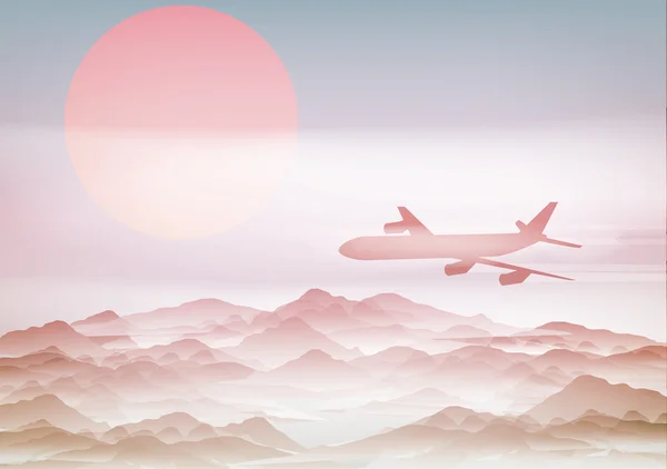 Avión de pasajeros sobre montañas con salida del sol - Ilustración vectorial — Archivo Imágenes Vectoriales