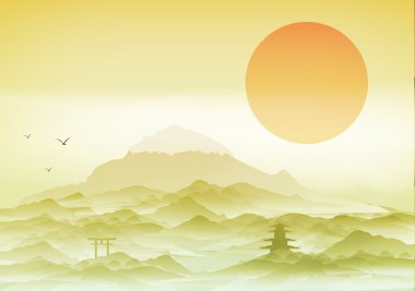 Japonca dağlar ve Arch - vektör çizim arka plan manzara