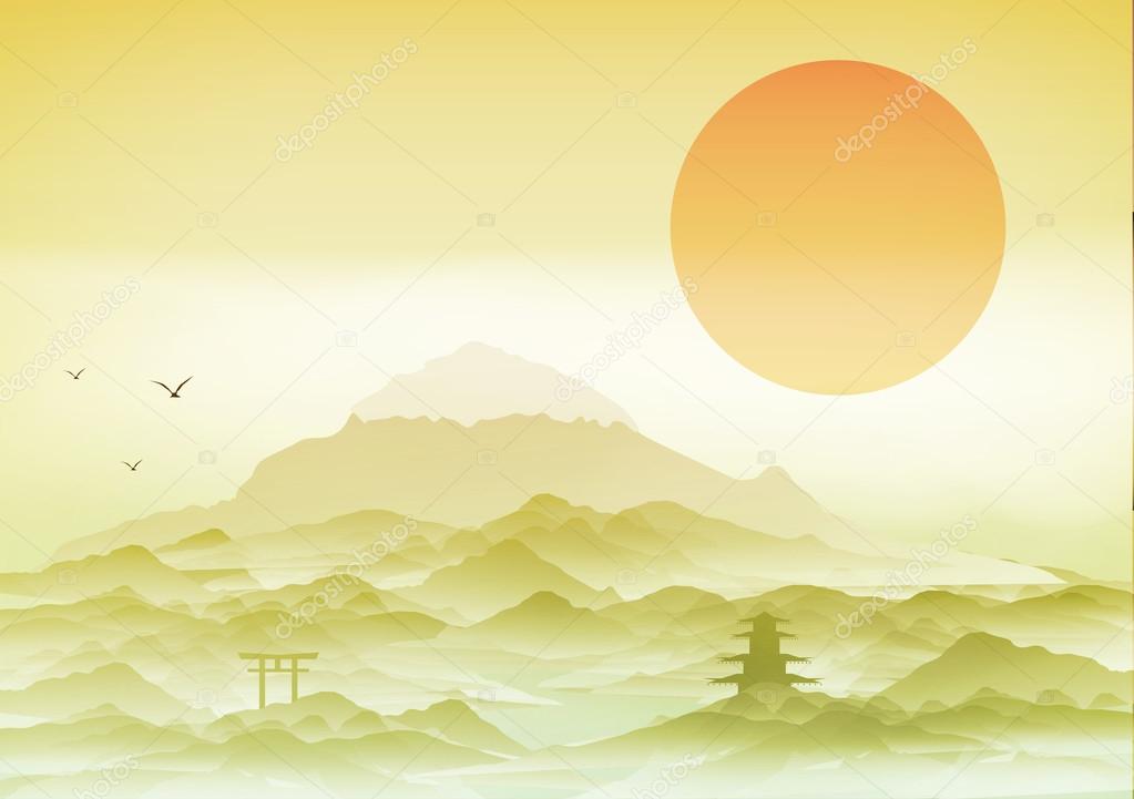 Japanese Landscape Background with Mountains and Arch - Vector Illustration