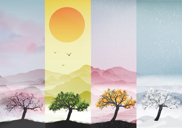 Баннеры четырёх сезонов с абстрактными деревьями - векторная иллюстрация
