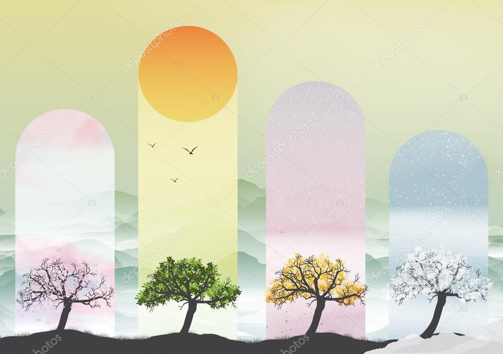 Four Seasons Banners with Abstract Trees - Vector Illustration