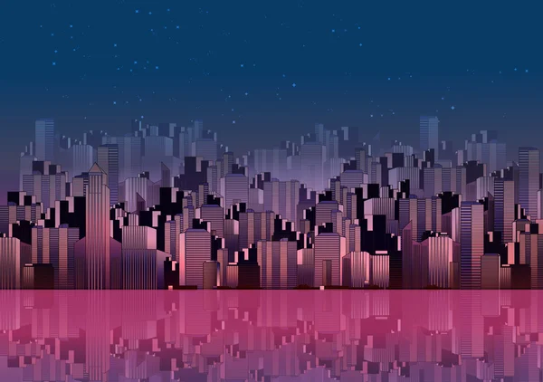 Città moderna Skyline Paesaggio di notte con uffici grattacielo e riflessione in acqua - Illustrazione vettoriale — Vettoriale Stock