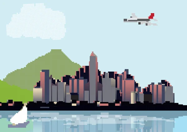 Retro acht bits City Skyline met beschouwingen achtergrond - vectorillustratie — Stockvector