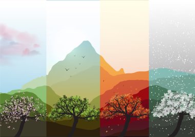 Four Seasons Banners Spring, Summer, Fall, Winter with Abstract Trees and Mountains  - Vector Illustration