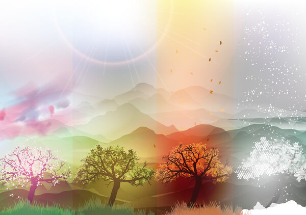 Four Seasons Banners Spring, Summer, Fall, Winter with Abstract Trees and Mountains  - Vector Illustration