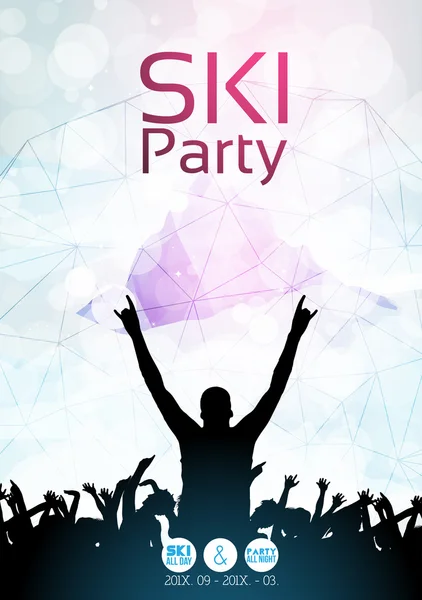 Ski Party Poster Template con montagna tra le nuvole - Illustrazione vettoriale — Vettoriale Stock
