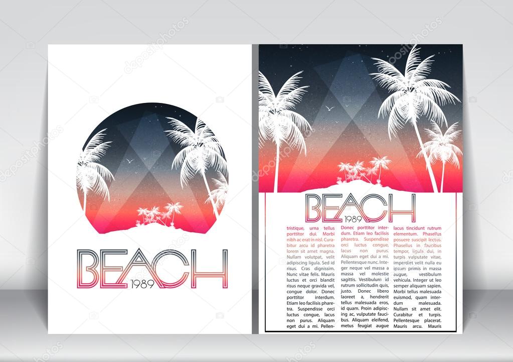 Summer Vacation Flyer Design with Palm Trees and Paradise Island - Vector Illustration