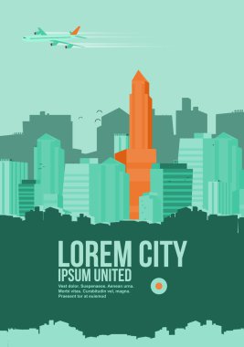 Gökdelenler ve Modern binalar - vektör çizim ile soyut düz stil el ilanı