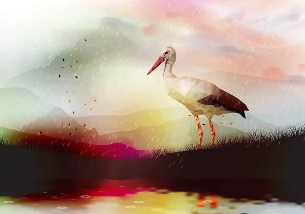 Abstrato Baixo Poly cegonha branca perto de um lago com reflexão - Ilustração vetorial — Vetor de Stock