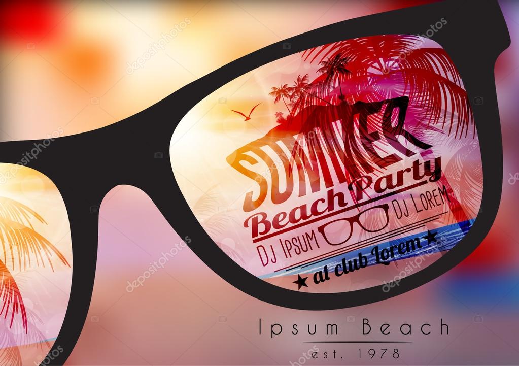 Summer Beach Party Flyer Design with Sunglasses on Blurred Background