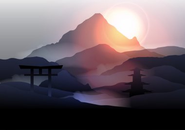 Japon dağ manzarası - vektör çizim