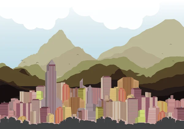 Cidade Skyline com Montanhas Fundo - Ilustração vetorial — Vetor de Stock