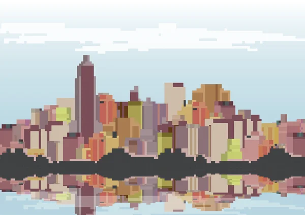 Retro Eight Bit City Skyline with Reflections Background - Vector Illustration — Stock Vector