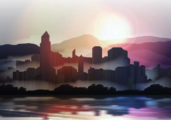 Cidade Skyline ao pôr do sol nas montanhas - Ilustração vetorial —  Vetores de Stock