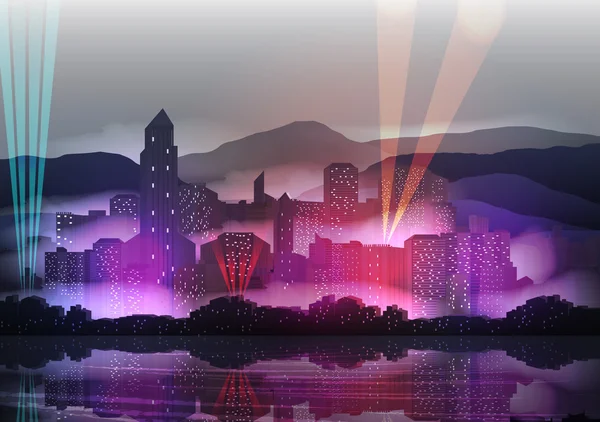 Şehir manzarası, su - vektör çizim yansıyan gece