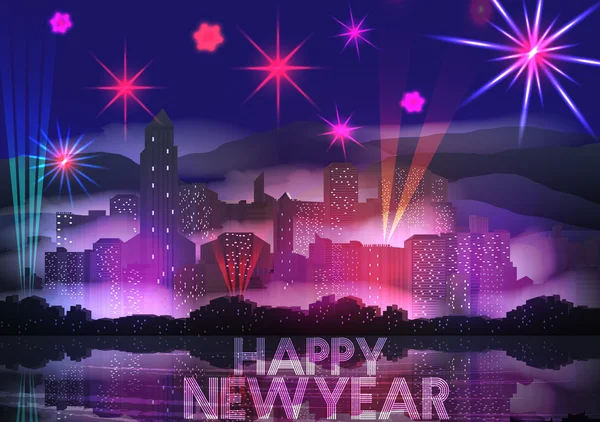 New Year Party Poster Template with City Skyline and Fireworks - Vector Illustration — Stock Vector