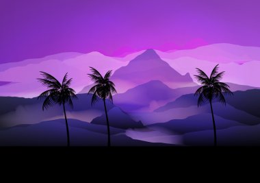 Sunrise dağ manzarası ile palmiye ağacı - vektör çizim