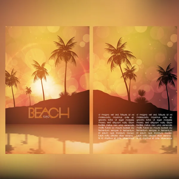 Cartaz de festa de praia com ilha tropical e palmeiras - ilustração vetorial — Vetor de Stock